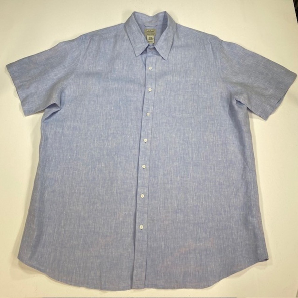 LL Bean Mens XXL Tall Light Blue‎ 100% Linen Short Sleeve Button Shirt 288679